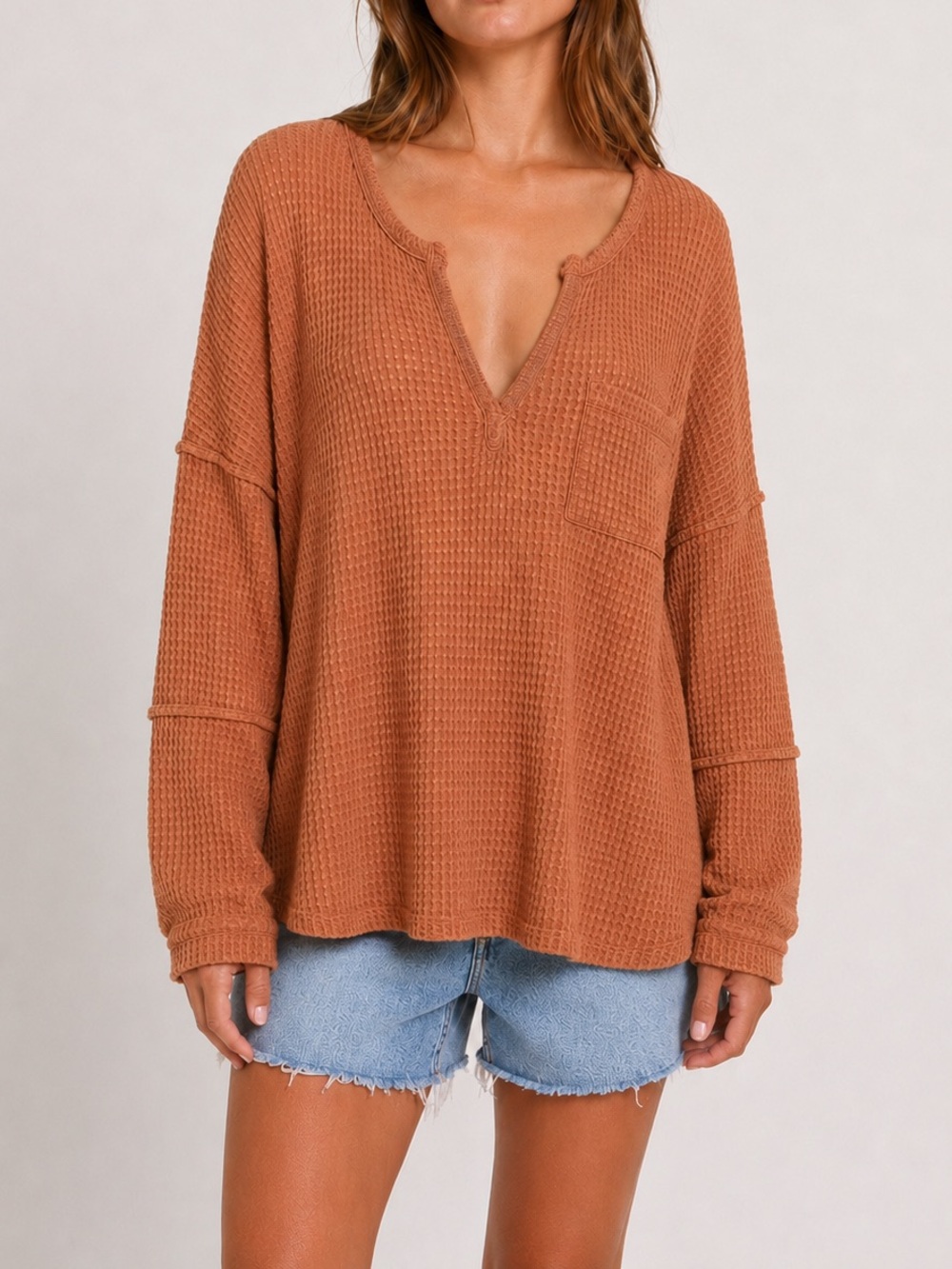 EFAN Rust Orange Waffle Knit Thermal Top Oversized Boho Long Sleeve Large